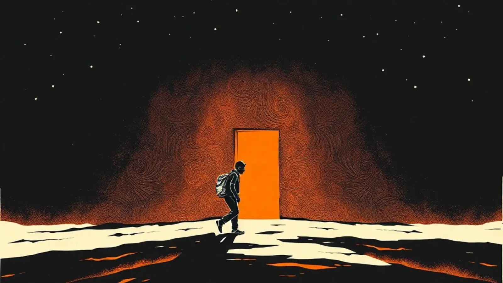 Drawn illustration: a lone figure walking towards a lit doorway in the dark